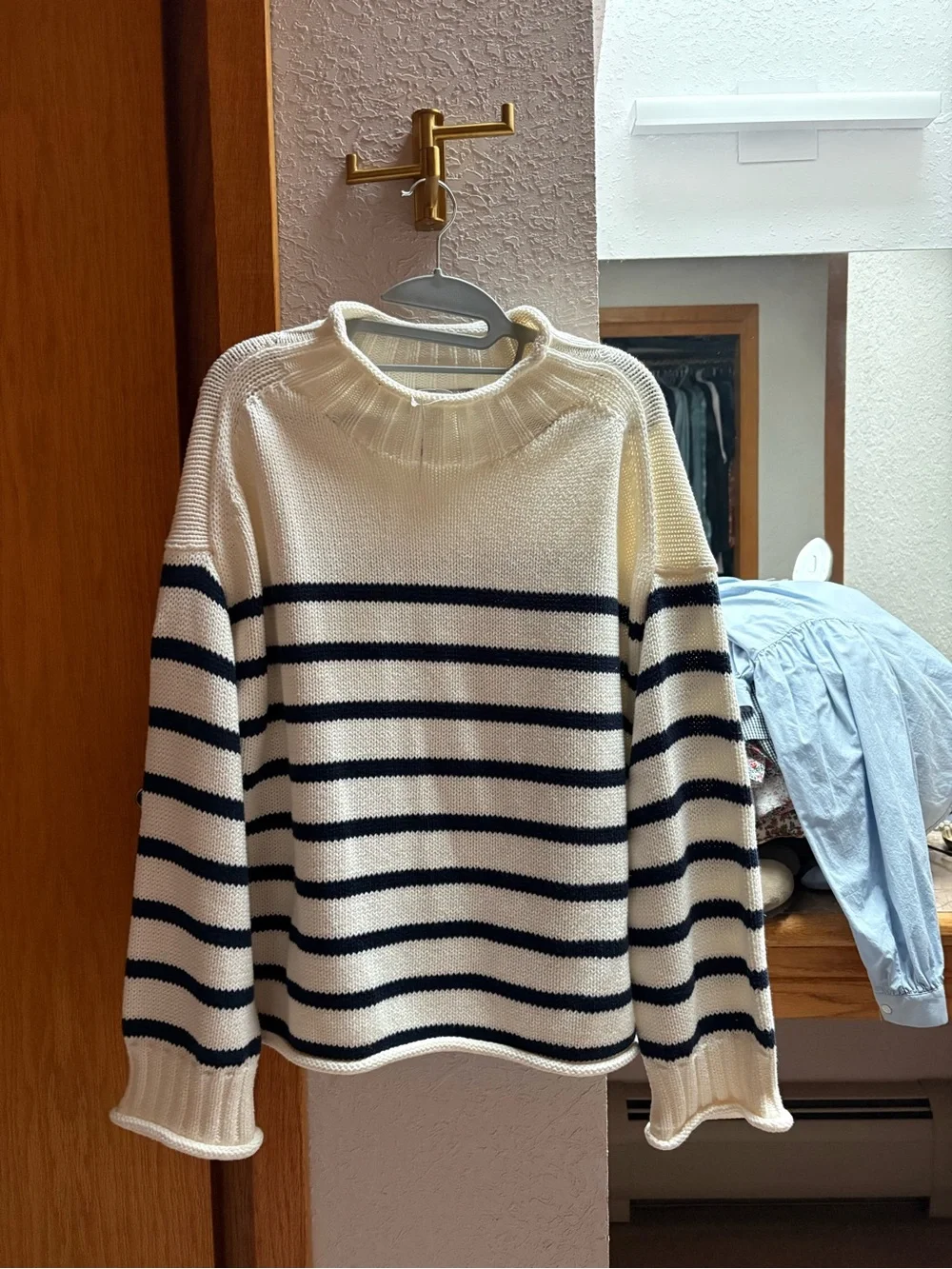 J. Crew Cream and Black Striped Rollneck Sweater